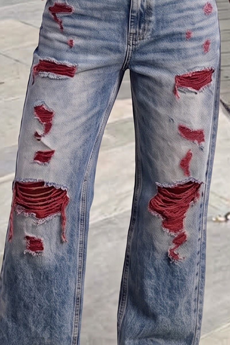 Women's Ripped Boyfriend Jeans with Red Patch Detail High Waisted Destroyed Wide Leg Denim Pants