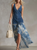 Denim-paneled, Tie-dye Chiffon Sleeveless Maxi Dress With Asymmetrical Hem