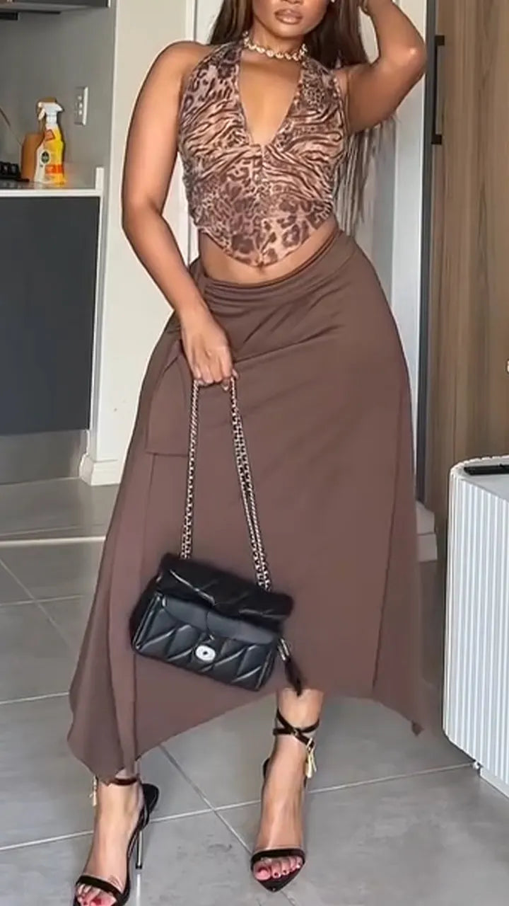 Women Neck Hanging Printed Top+ Half Skirt Vacation Casual Style Set