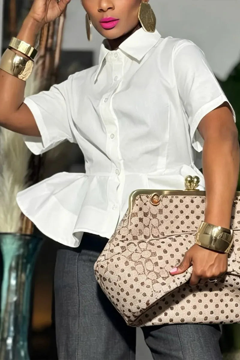 Women's Casual Peplum Blouse with Short Sleeves & Classic Collar