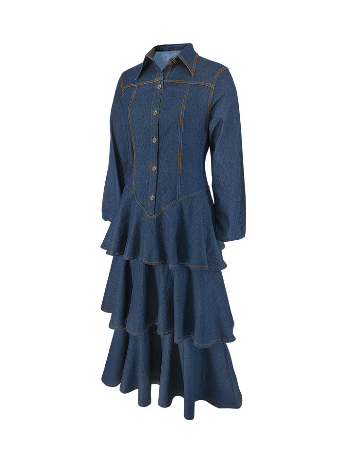 Elegant Lapel Long Sleeve Tiered Hem Denim Dress