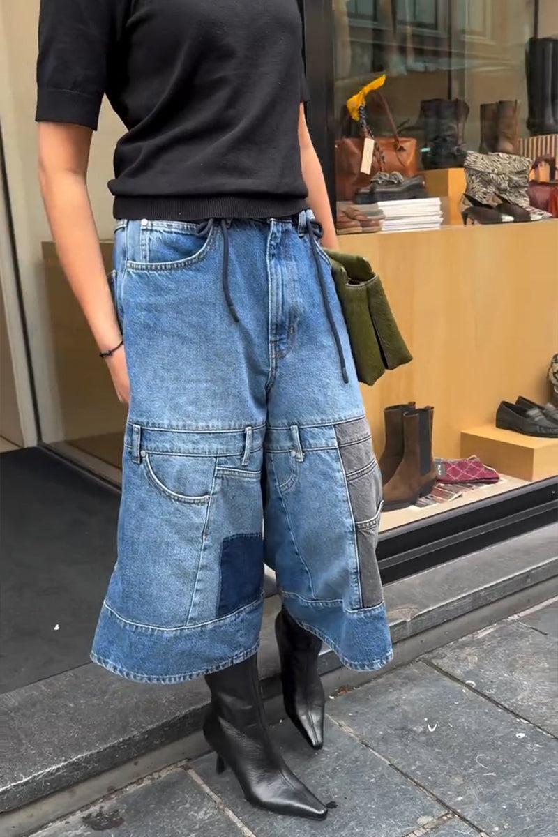 Women's Fashion Contrast Patchwork Wide Leg Cropped Jeans