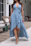Women's Elegant V Neck Denim Vest + Asymmetric Hem Skirt Set