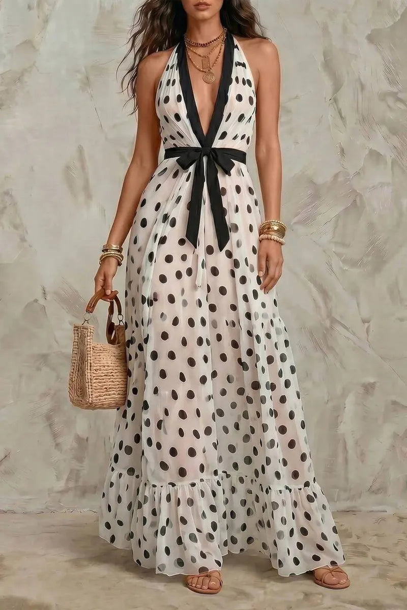 Women's Deep V-neck Polka Dot Print Waist Cinching Elegant Casual Dress