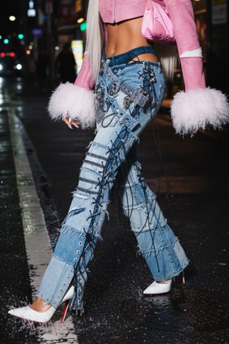 Women's Fashion Denim Panel Deconstructed Jeans
