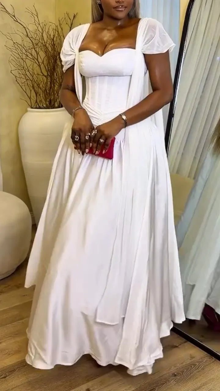 Women Square Neck Solid Color Waist Cinching Elegant Temperament Dress
