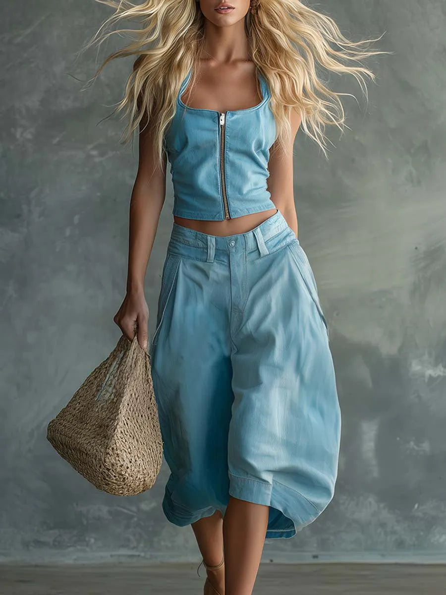 Women's Square-neck Sleeveless Loose-fit Denim Top & High-waisted Wide-leg Jeans Set