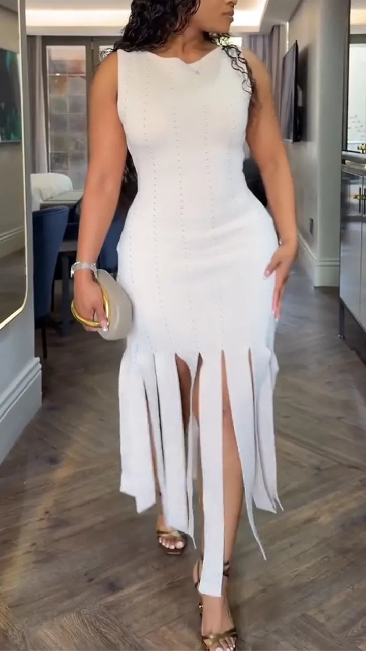 Women Round Neck Slit Solid Color Casual Dress