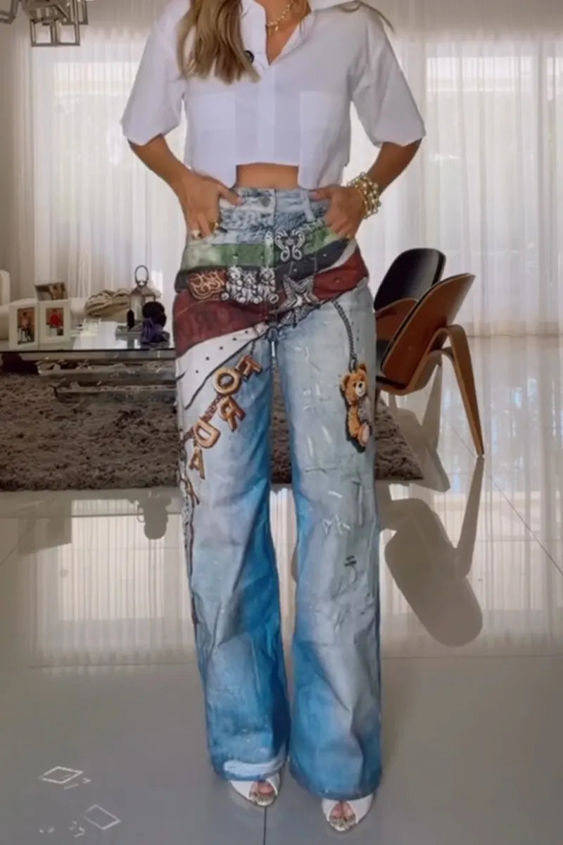 Women Printed Washed Water Casual Wide Leg Jeans