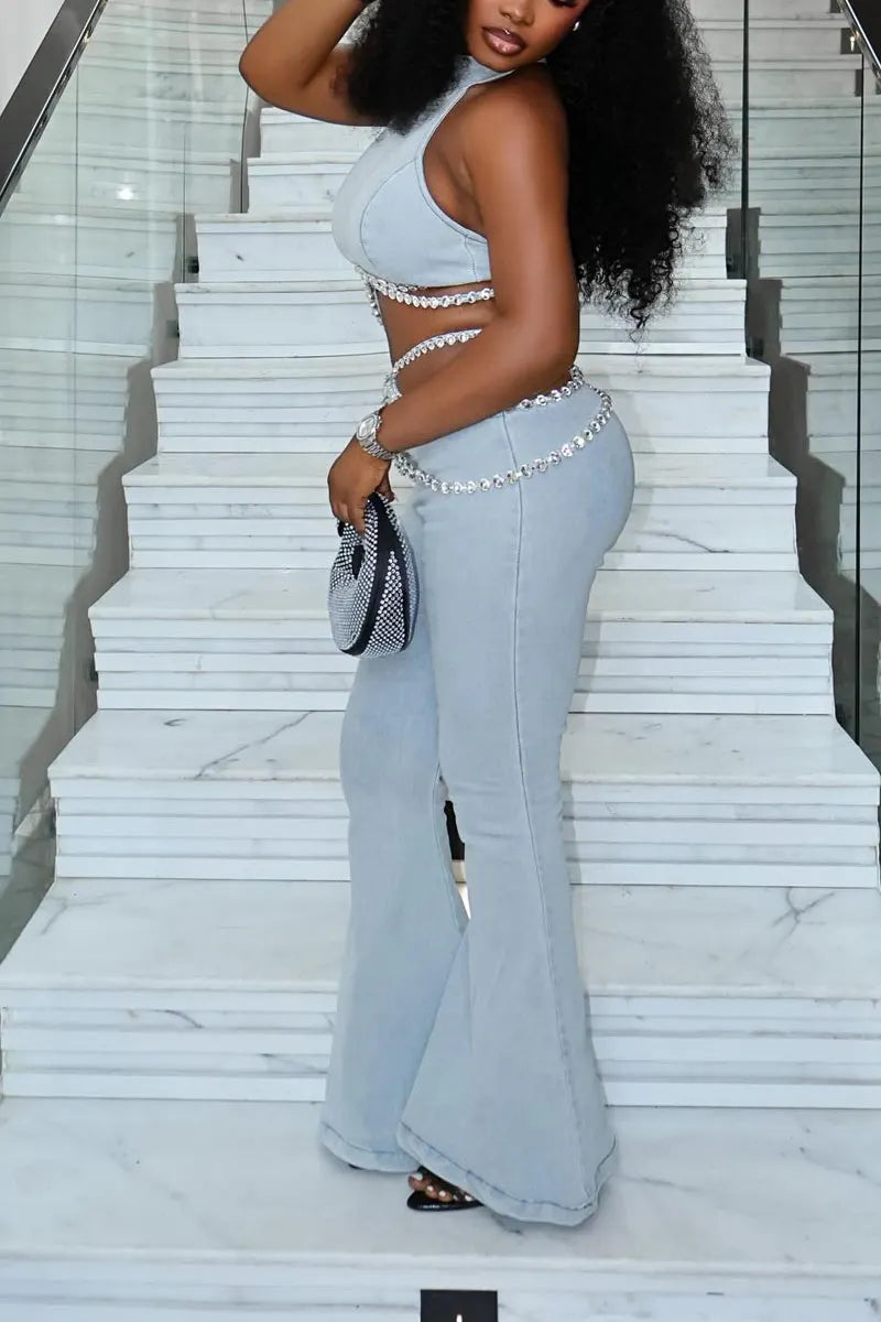 Women's Sparkling Rhinestone Trim Denim Halter Top Or High Waist Flare Pants