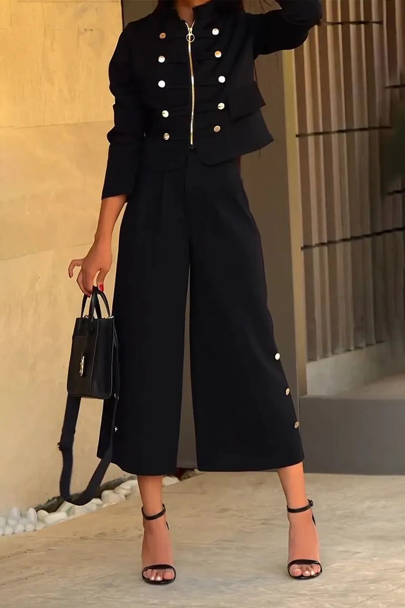 Women's Round Neck Double Breasted Zipper Jacket+ Pants Casual Set