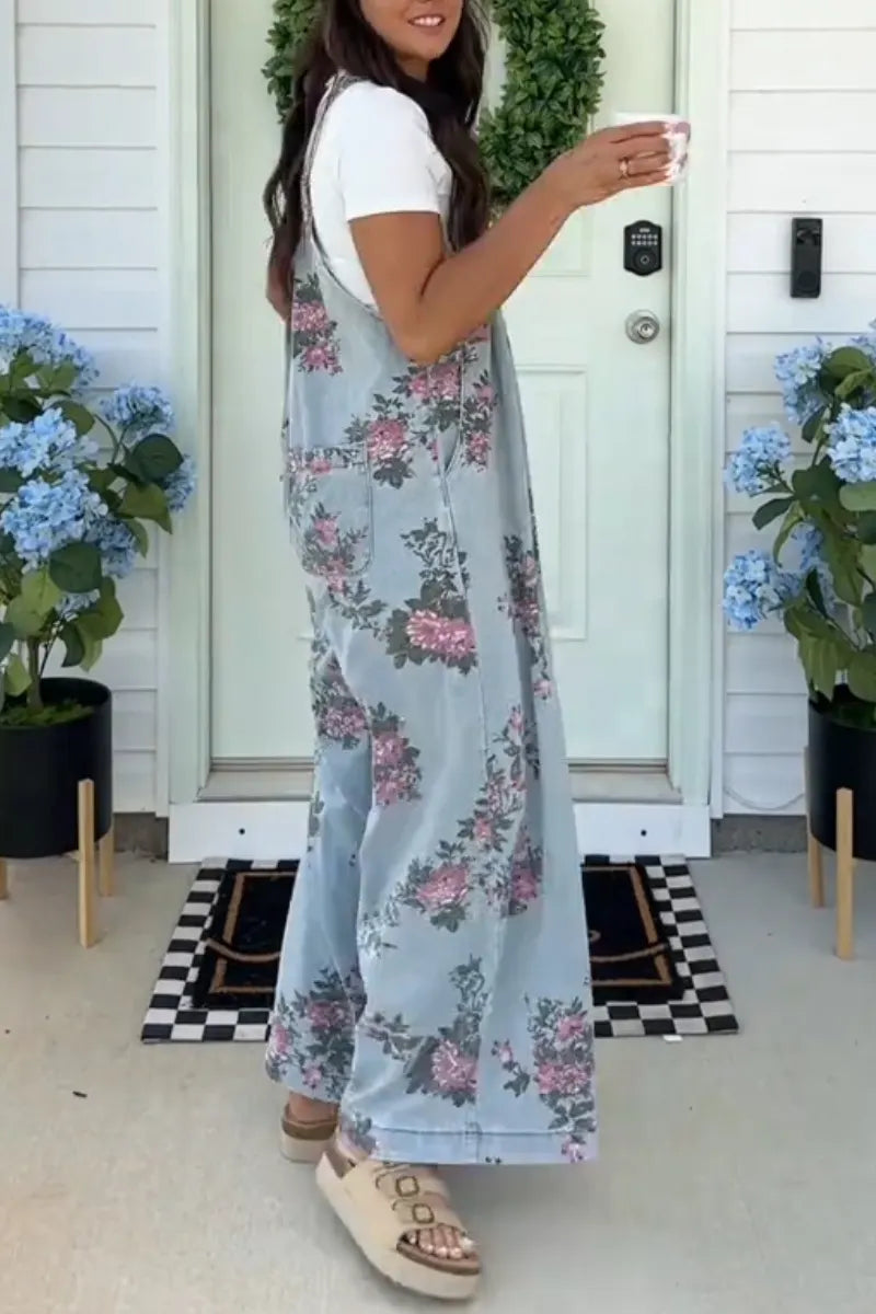 Women's Printed Casual Denim Jumpsuit