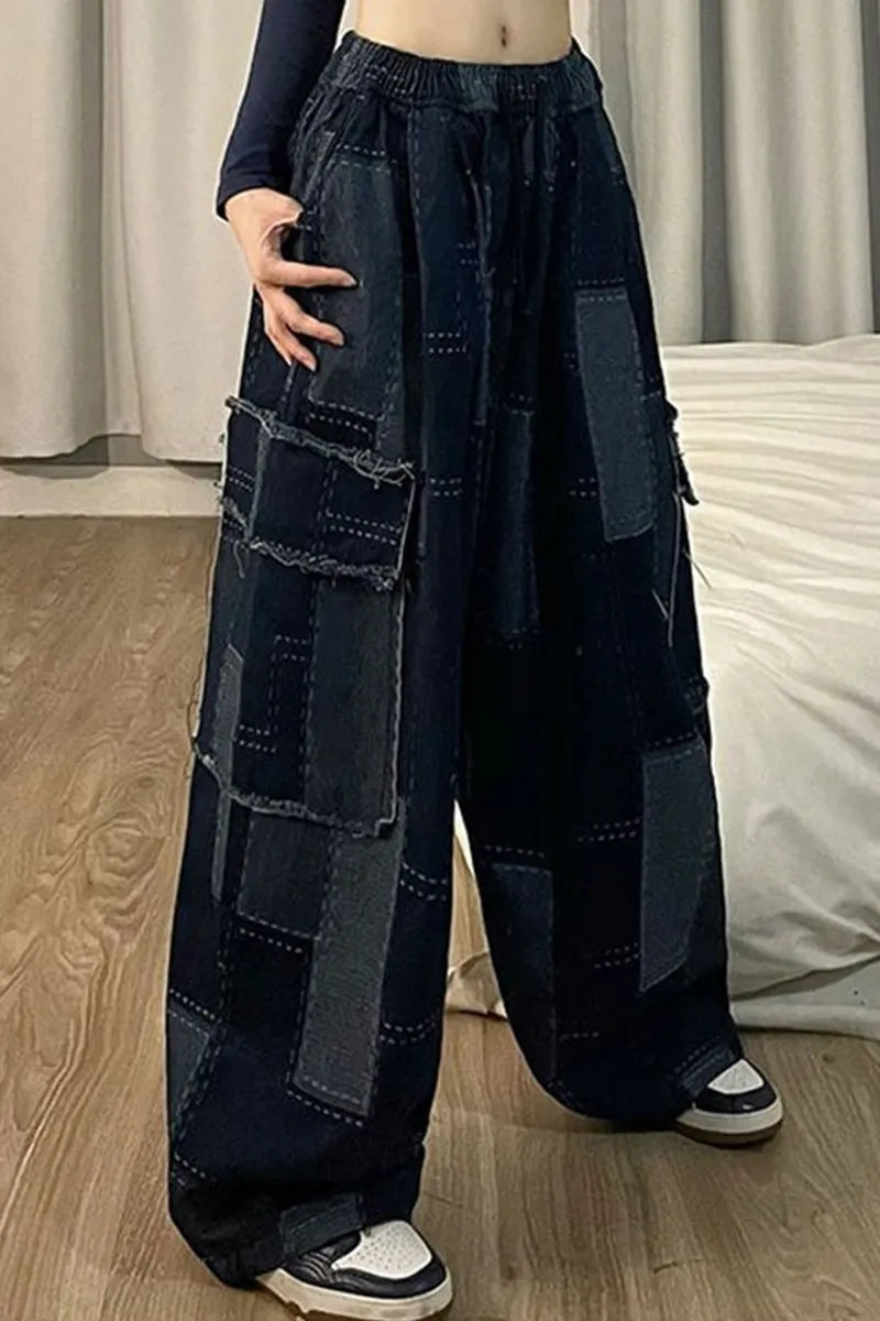 Women's Patchwork Wide Leg Jeans With Large Pockets
