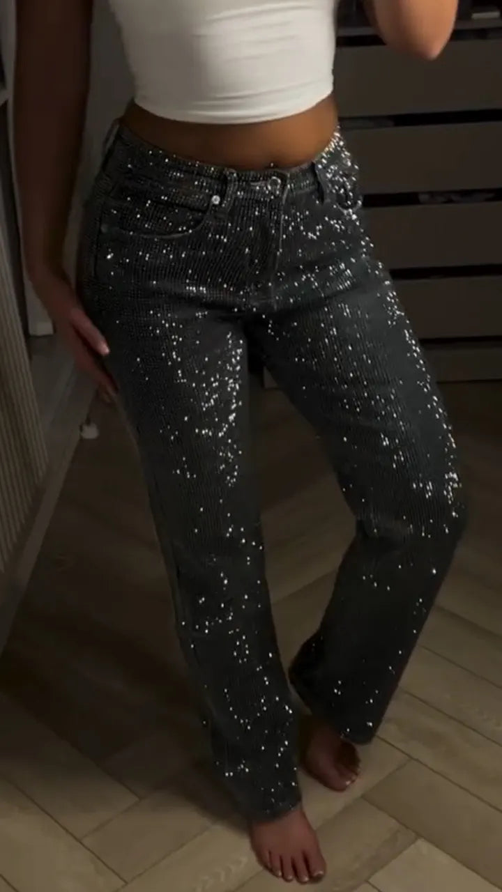 Women Rhinestone Sparkling Washed Casual Jeans