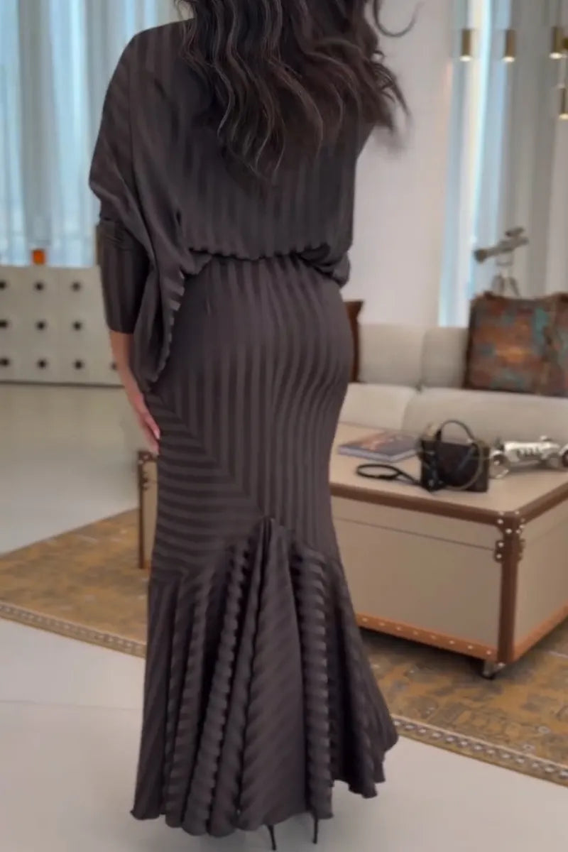 Women V-neck Vertical Stripe Top + Hip Hugging Half Skirt Elegant Temperament Set