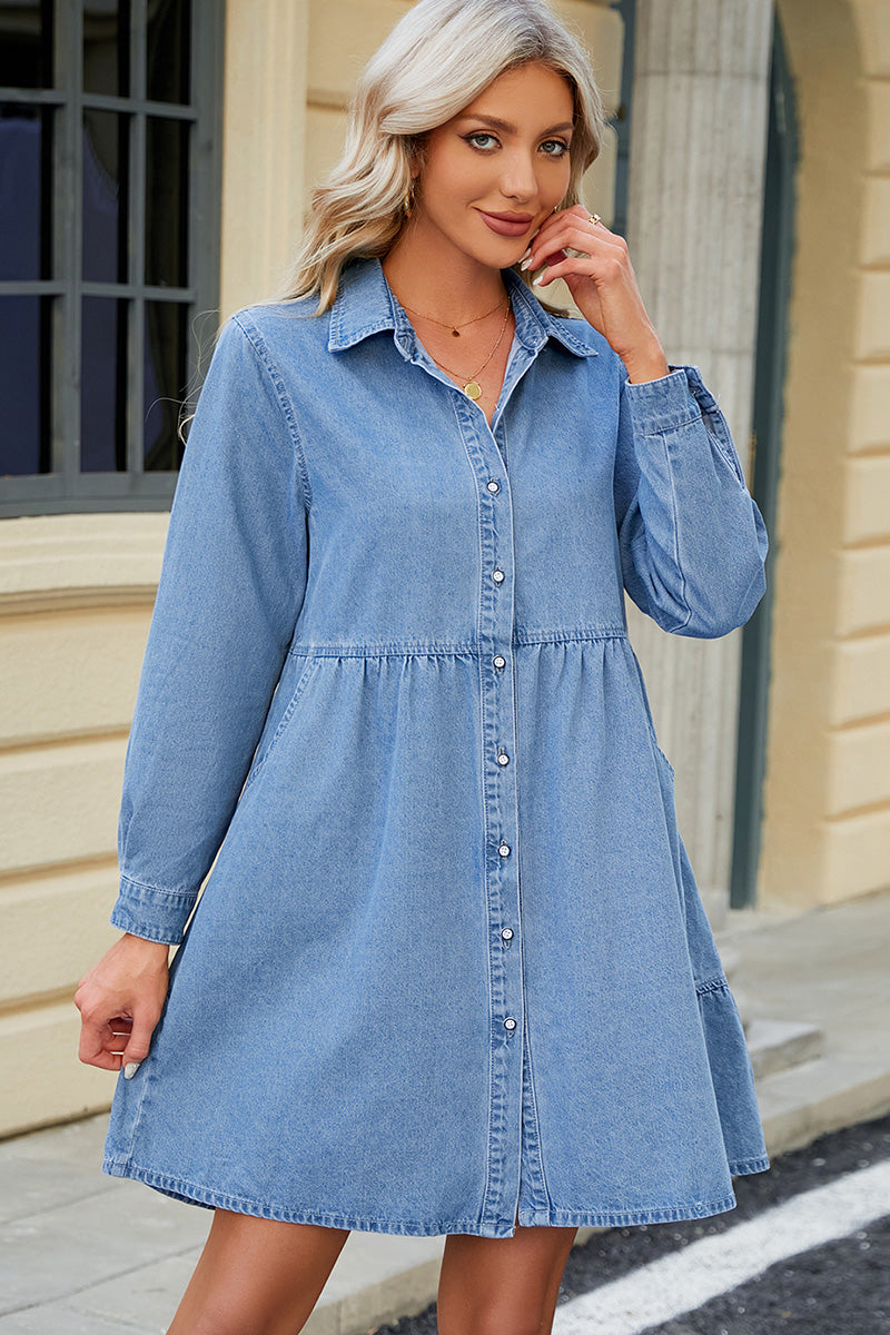 Casual Pleated Panel Hem Washed Denim Dress