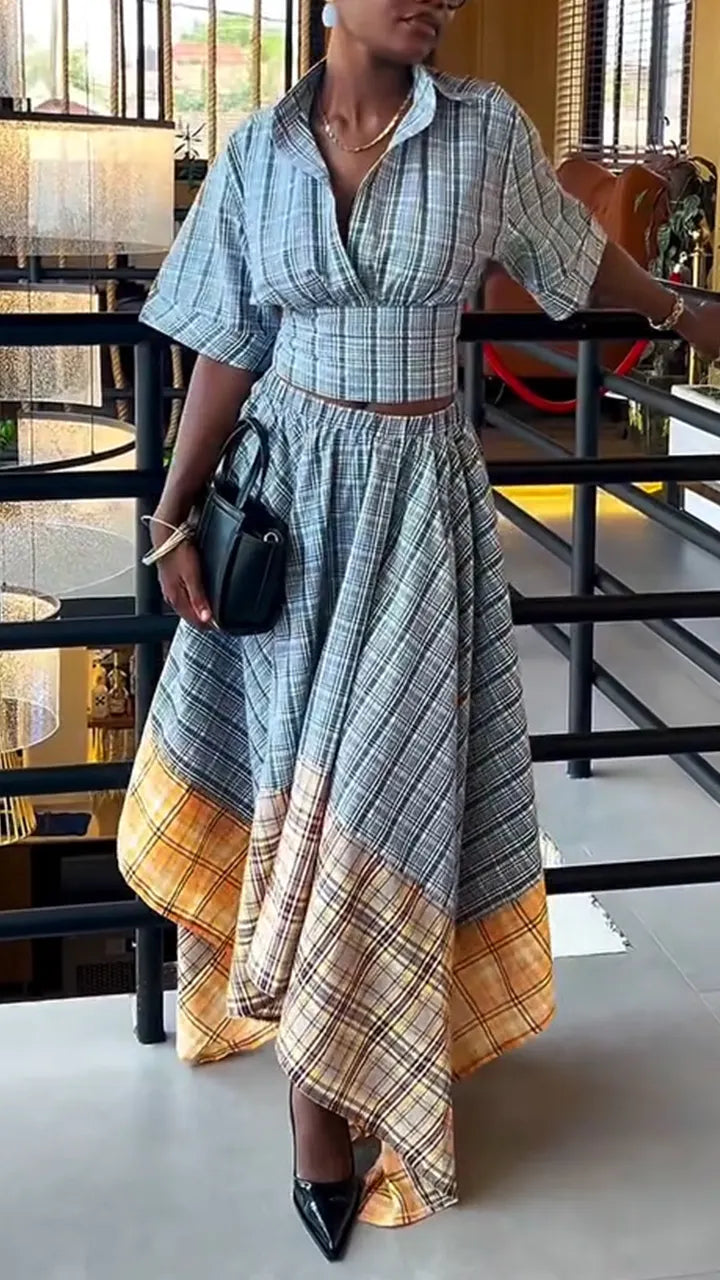 Women Collar and Waist Cinched Top + Irregular Contrasting Half Skirt Elegant Casual Suit