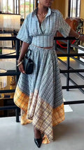 Women Collar and Waist Cinched Top + Irregular Contrasting Half Skirt Elegant Casual Suit