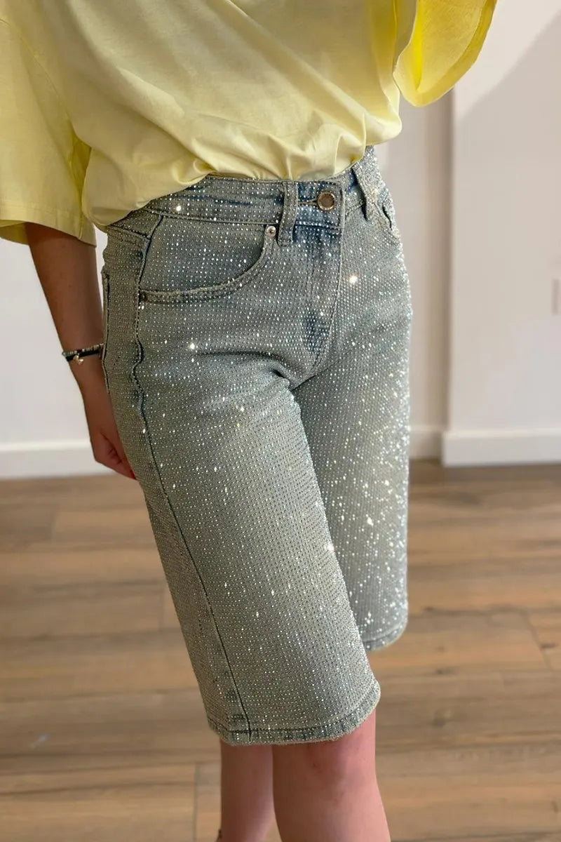 Women's Fashion Sparkling Rhinestone Cropped Jeans