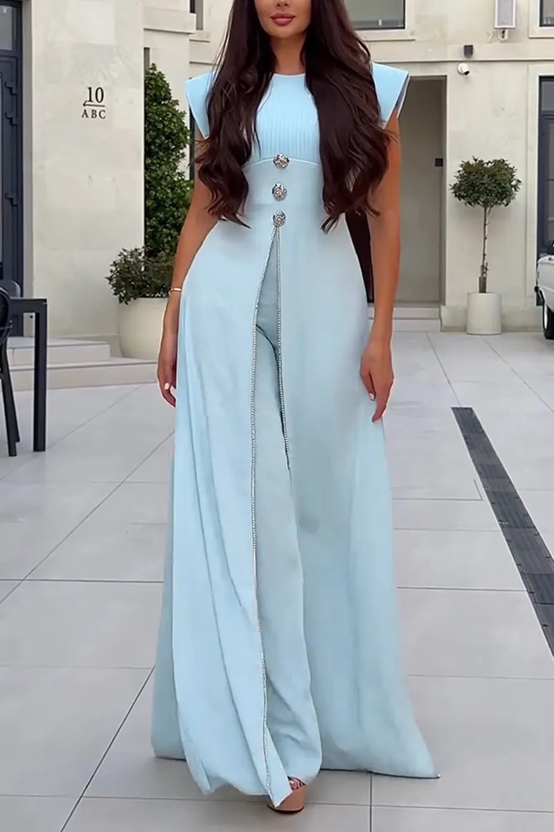 Women's Round Neck Spliced Slit Long Top+ Pants Elegant Temperament Set