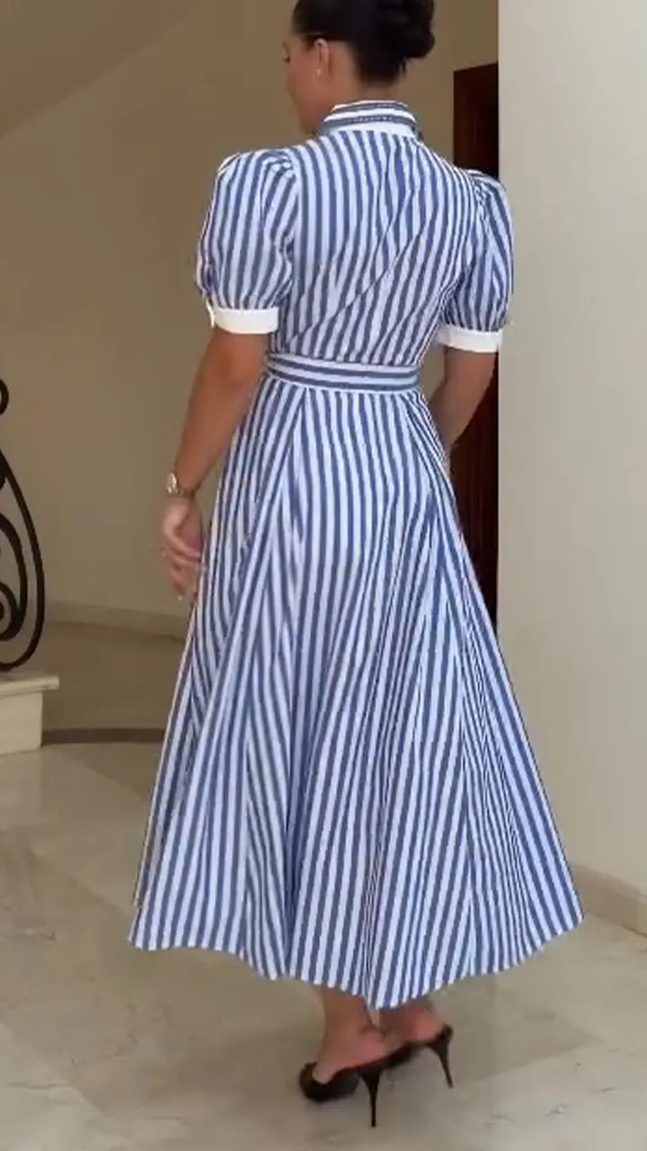 Women Collar Vertical Stripe Buckle Elegant Casual Maxi Dresses