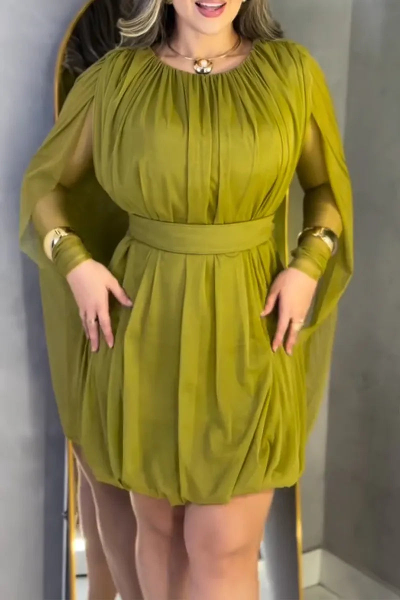 Women's Elegant Pleated Mesh Capelet Mini Dress with Belt
