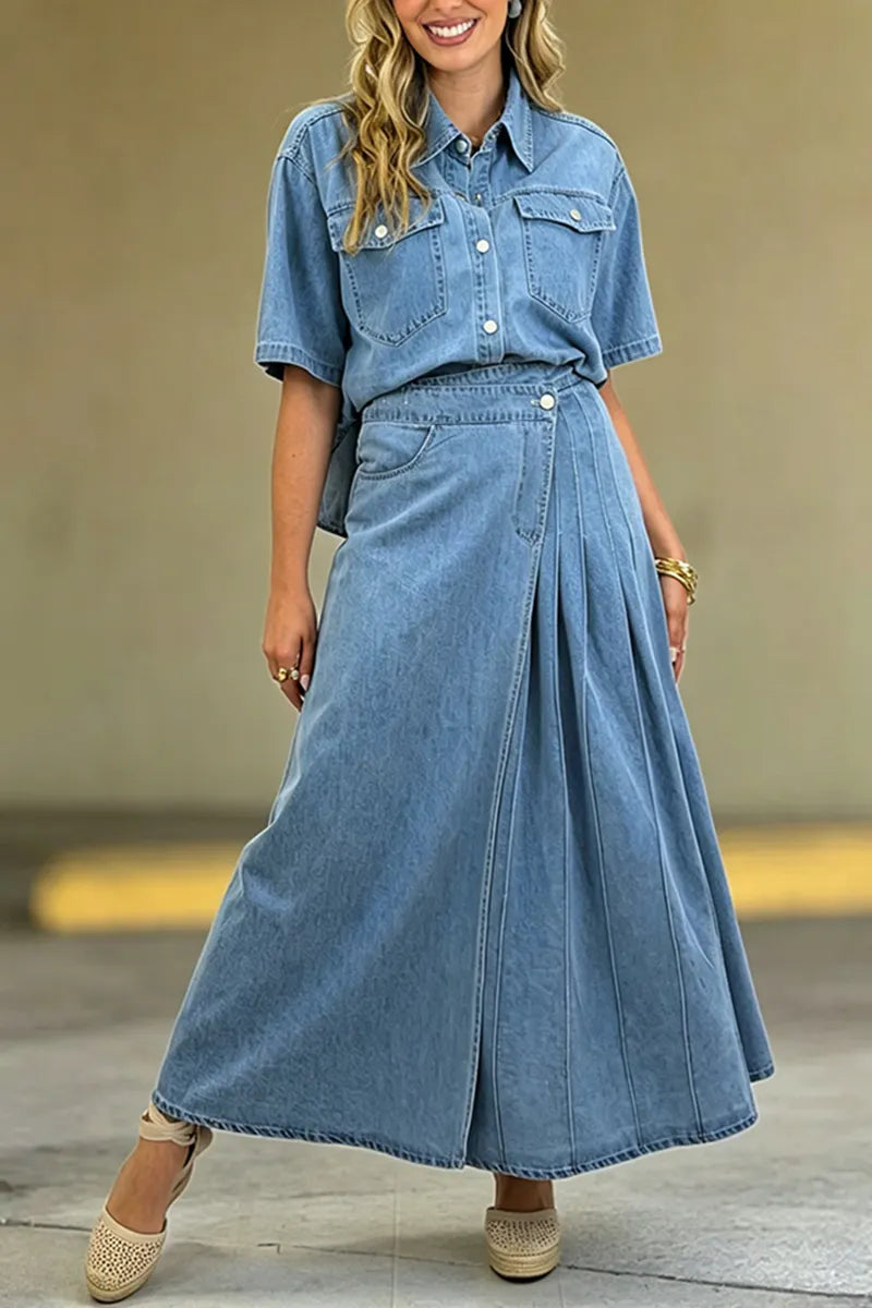 Women's Casual Loose Denim Shirt or Asymmetric Denim Skirt