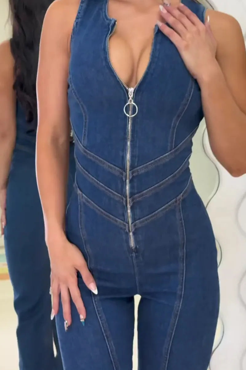 Women's Casual Backless Cutout Zip Up Skinny Denim Jumpsuit