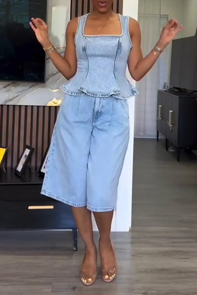 Women's Elegant Square Neck Denim Vest or Cropped Jeans