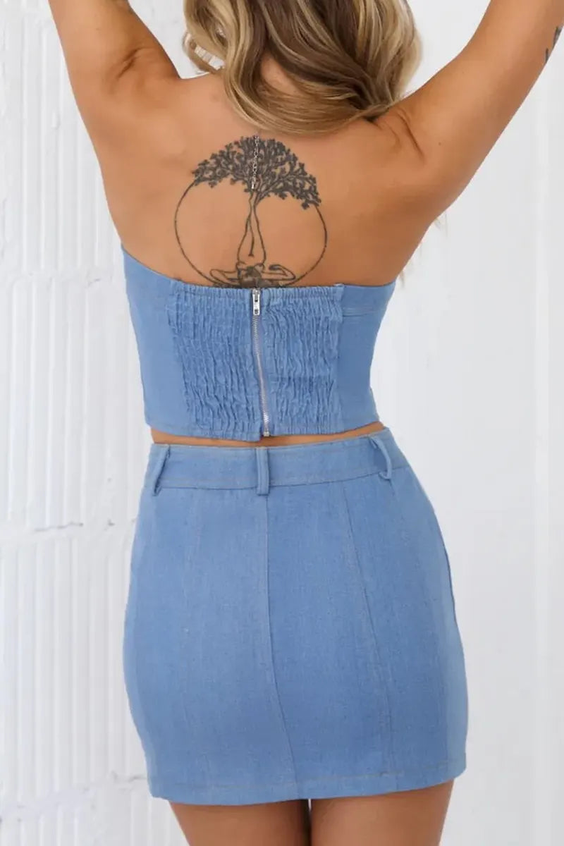 Women's Strapless Button Up Top Or  Short Denim Skirt