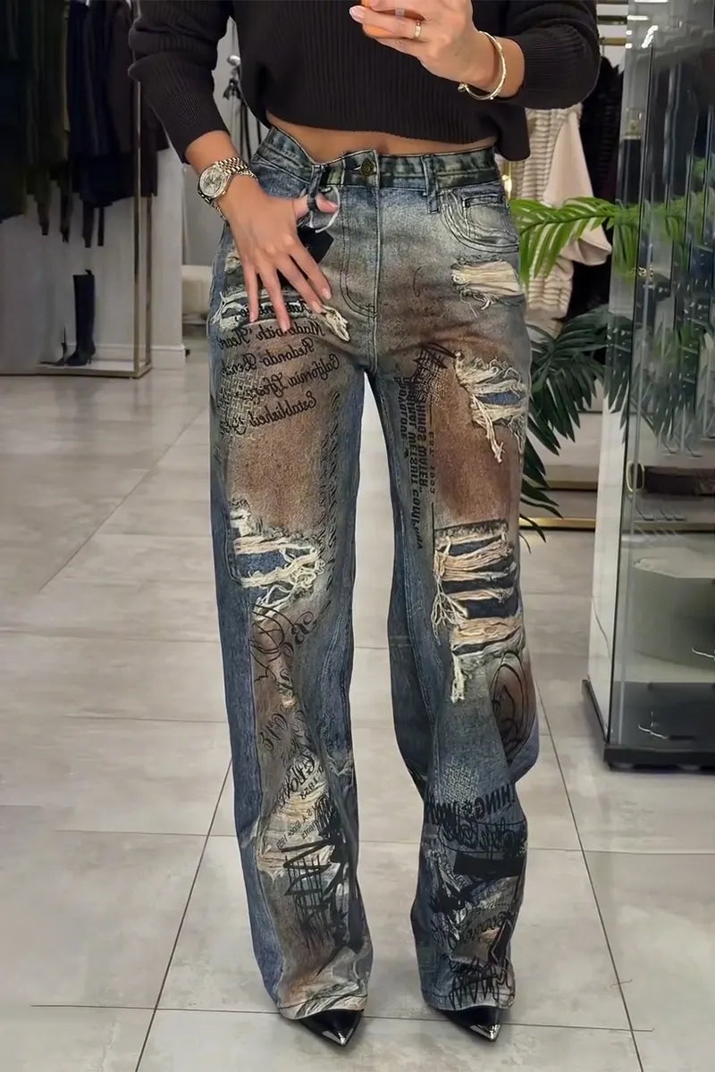 Women's Printed Distressed Washed Scratch Casual Jeans