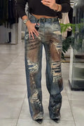 Women's Printed Distressed Washed Scratch Casual Jeans