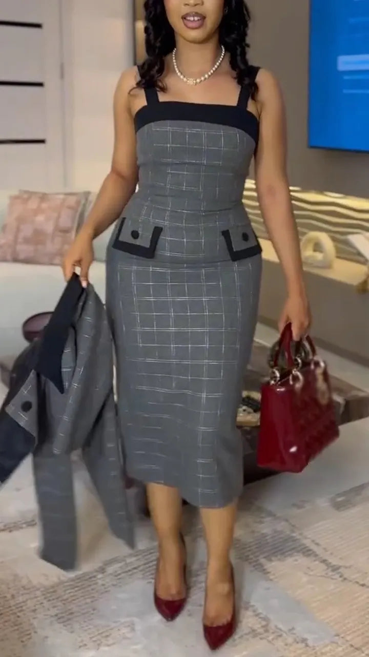 Women Inner Camisole Plaid Dress + Jacket Style Commuting Suit