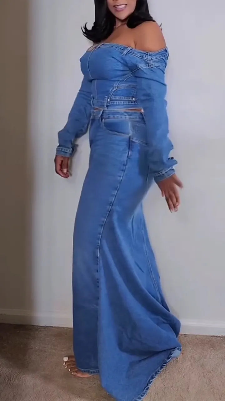 Women Strapless Patchwork Top+ Pants Casual Denim Suit
