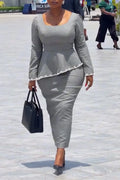 Women Square Collar Long Sleeved Irregular Top + Half Skirt Temperament Casual Formal Suit