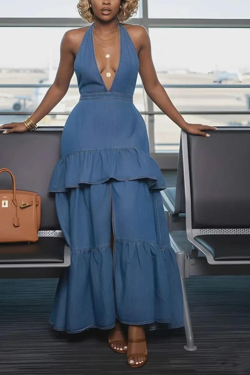 Women's Deep V Halter Neck Tiered Ruffle High Slit Denim Maxi Dress