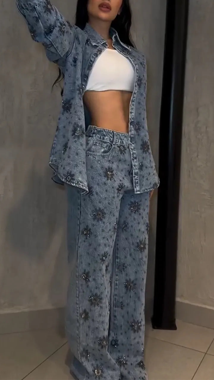 Women Lapel Printed Casual Denim Suit