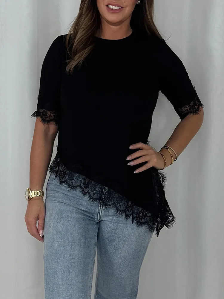 Women Round Neck Patchwork Lace Irregular Casual Top