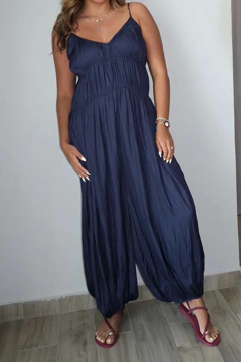 Women's Casual Loose Fit Denim Jumpsuit With Spaghetti Straps And Cuffed Hems