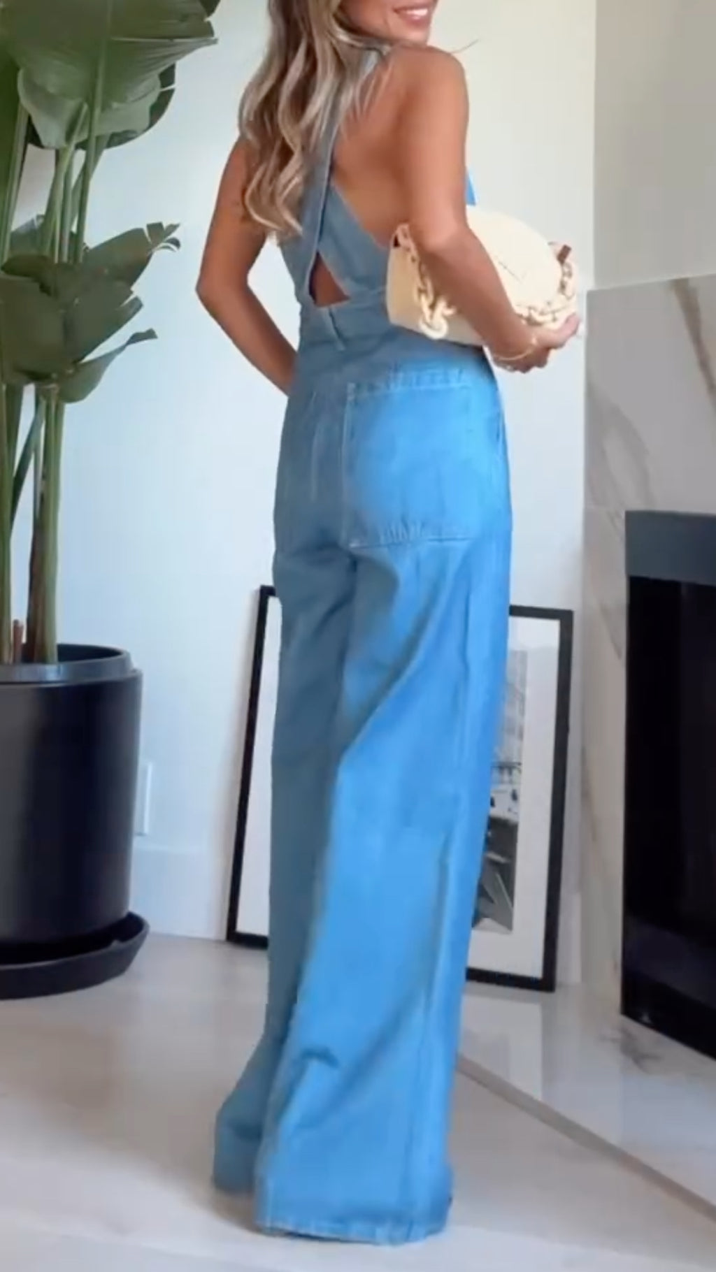 Women V-neck Hollowed Out Patchwork Casual Denim Jumpsuit