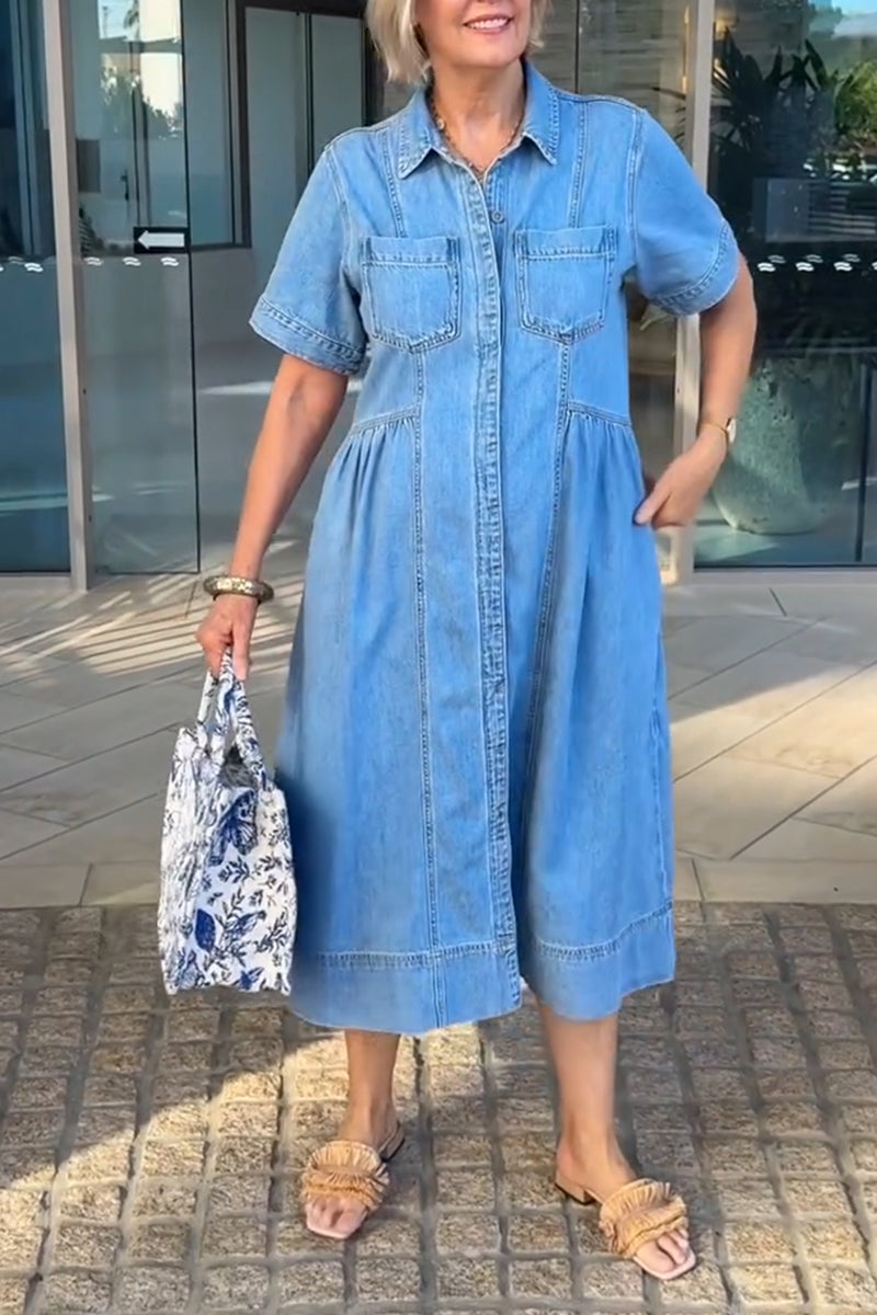 Women's Casual Short Sleeve Waist-Pleated Denim Dress