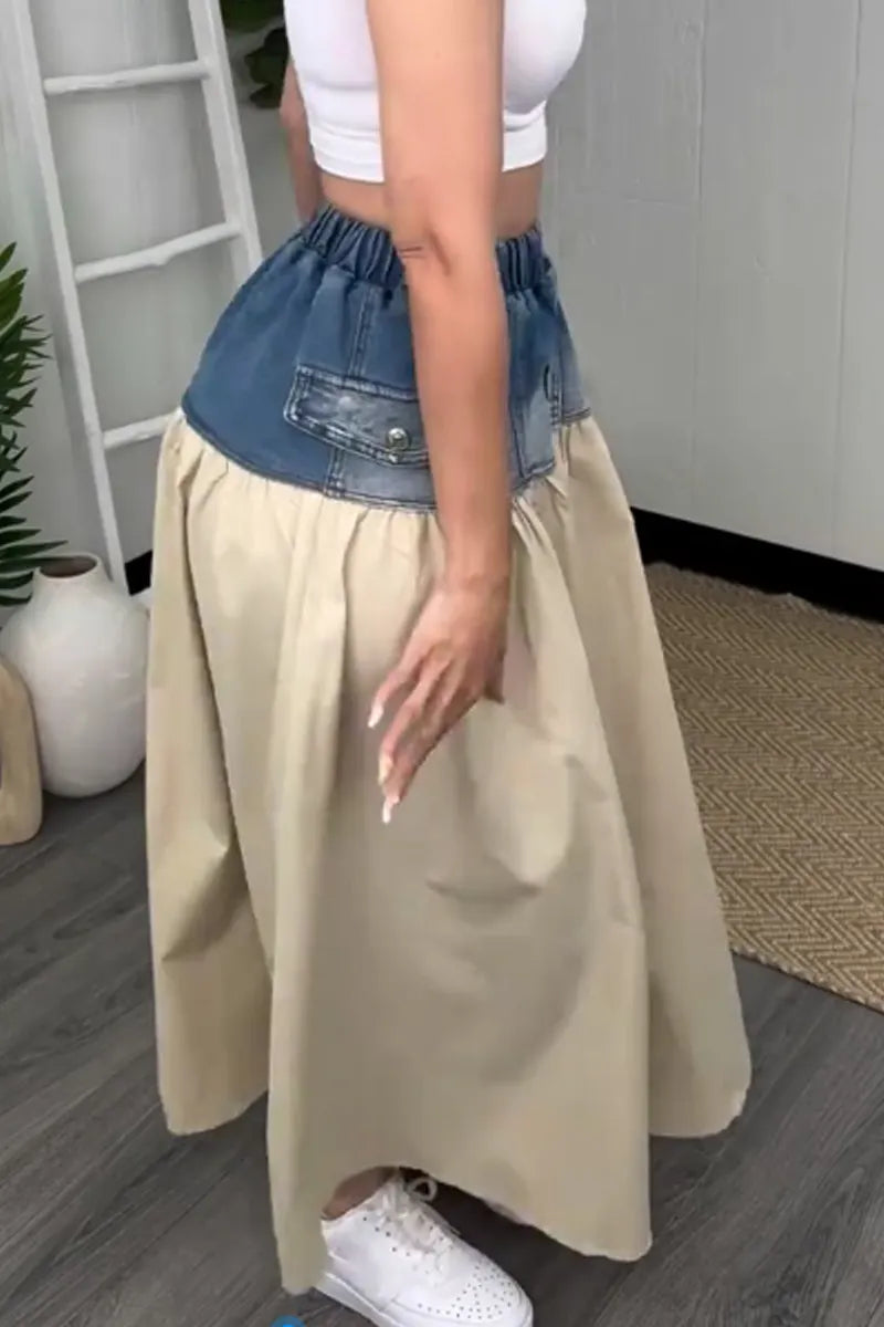 Ladies' Leisure Hot Selling Street Patchwork Pocket Denim Long Skirt