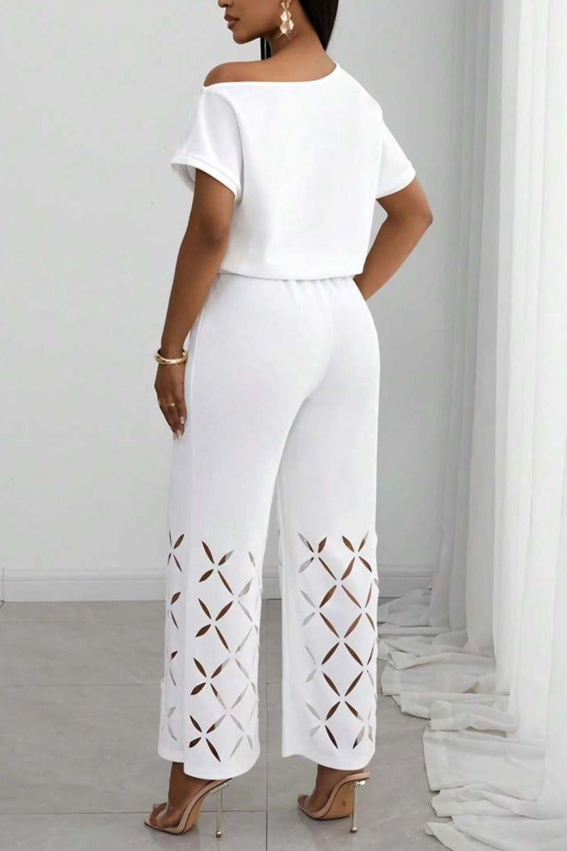 Women's Casual Burnout Pattern Cut-Out Top Pants Two-Piece Set