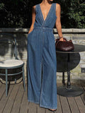 Women's V-neck Sleeveless Casual Loose Denim Wide-leg Jumpsuit