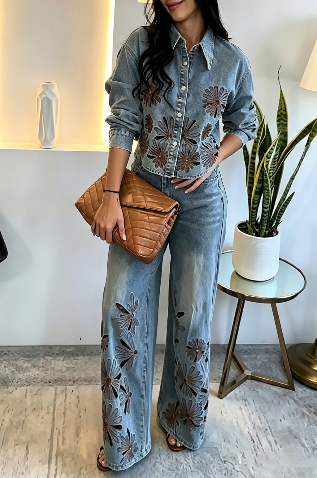 Women's Casual Embroidery Cut-Out Denim Shirt or Wide Leg Jeans