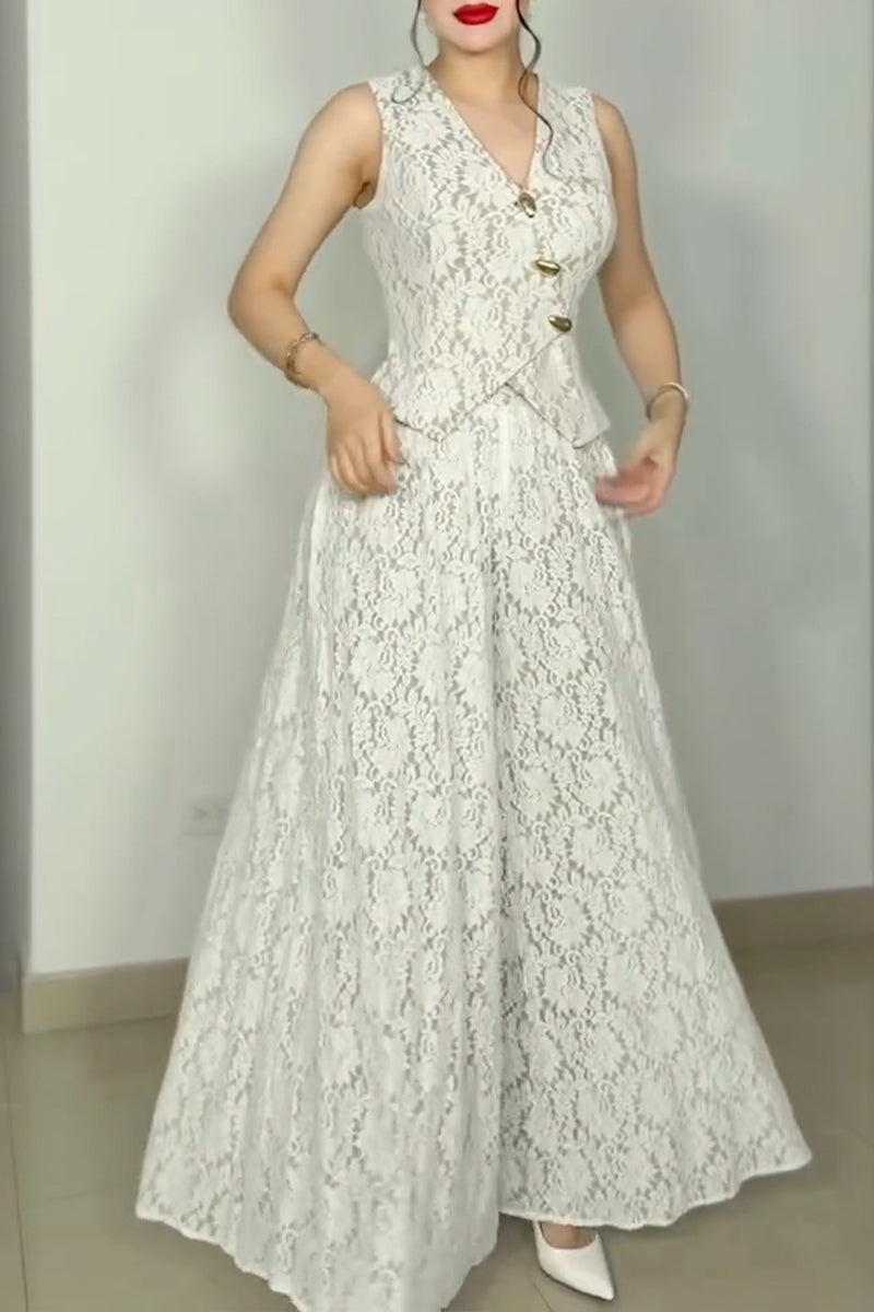 Women's Elegant V-Neck Vest Wide Leg Pants Lace Two-Piece Set