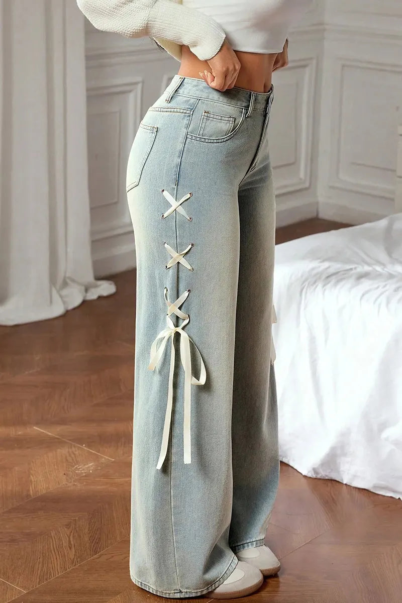 Women's Casual Ribbon-Accented Wide-Leg Jeans