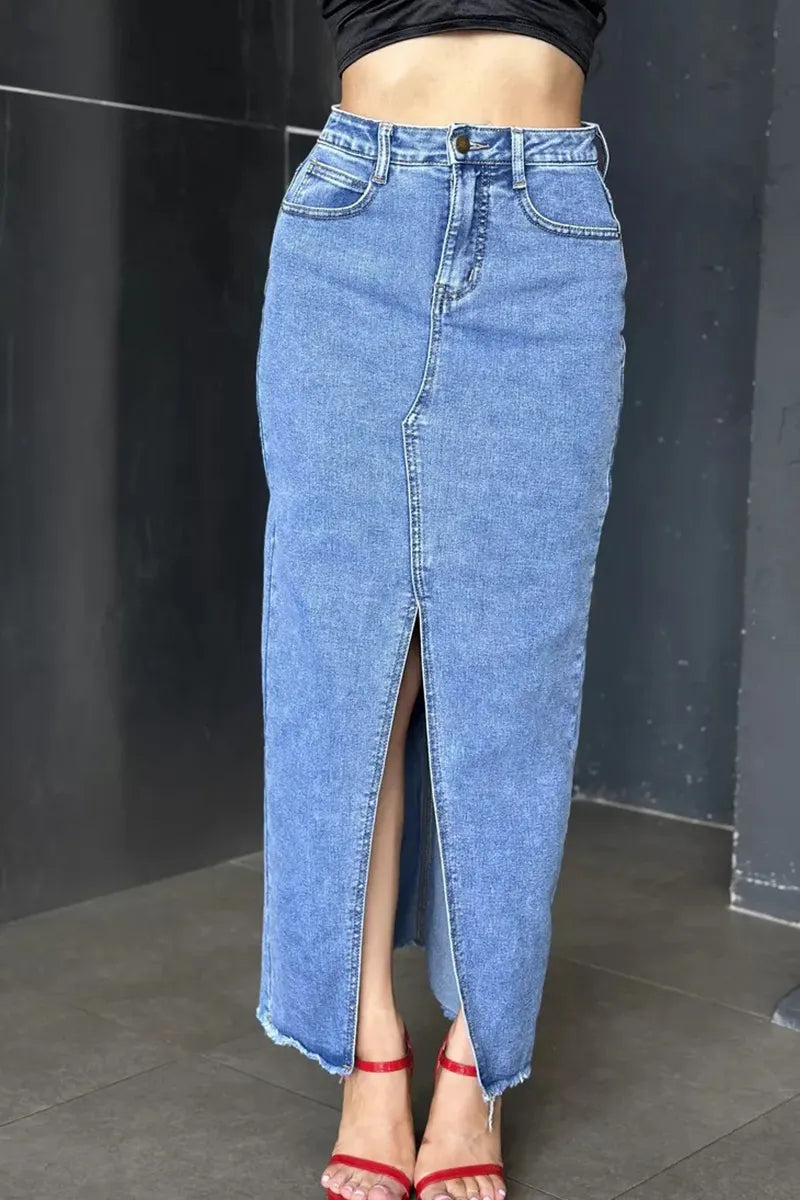 Women‘s Vintage Washed Front-Slit Denim Skirt