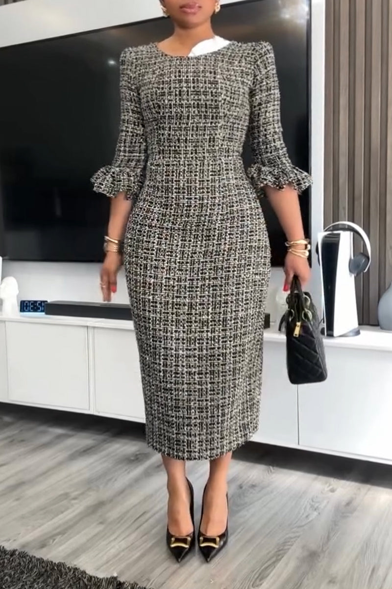 Women's Round Neck Slim Fit Elegant Temperament Tweed Dress