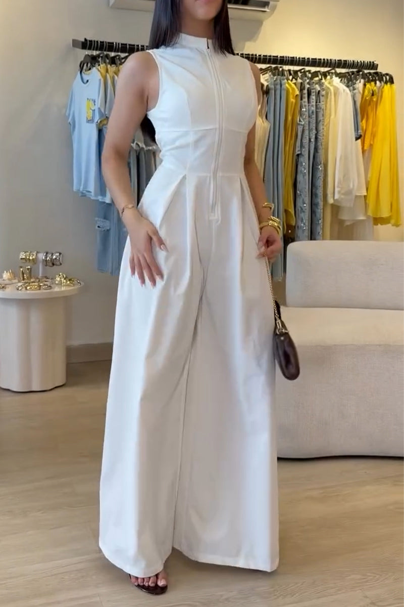 Women's Round Neck Sleeveless Zipper Splicing Solid Color Casual Jumpsuit